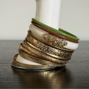 Assorted Bundle of 17 Indian Bracelets - Green, White & Brown, Gold, Silver
